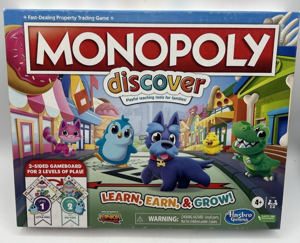 Monopoly Discover Kids Family Board Game 2-Sided Learning Edition Hasbro